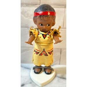 Vintage Unique Doll with Heart Stand Fringed Yellow Outfit Teepee Motif